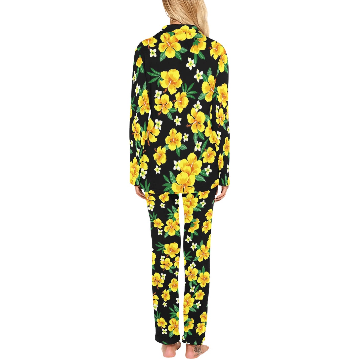 Yellow Hibiscus Pattern Print Design HB08 Women's Long Pajama Set