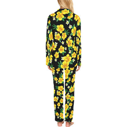 Yellow Hibiscus Pattern Print Design HB08 Women's Long Pajama Set