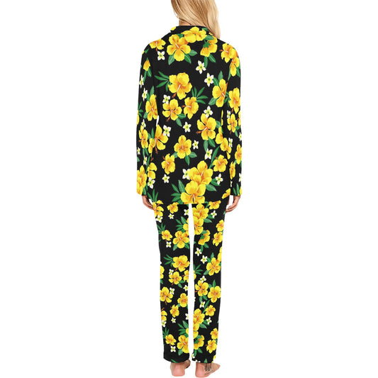 Yellow Hibiscus Pattern Print Design HB08 Women's Long Pajama Set