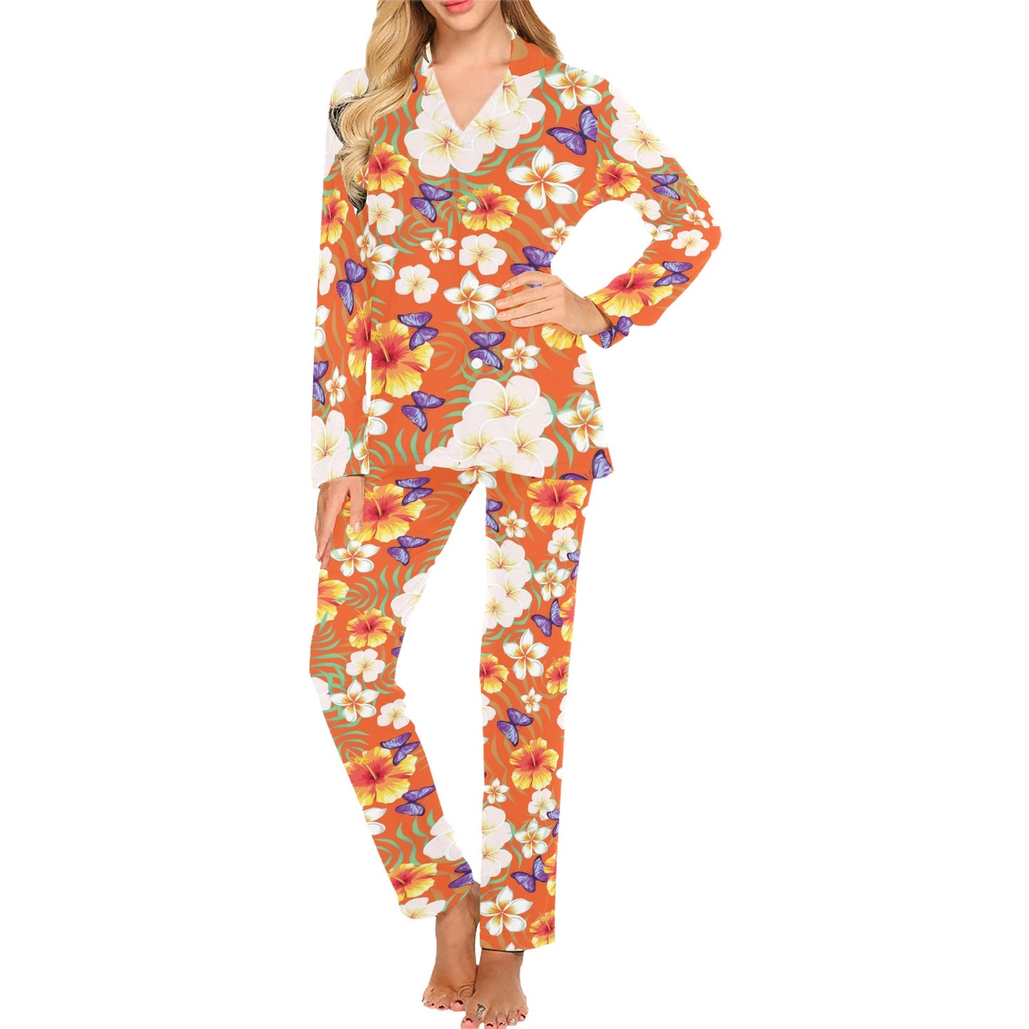 Tropical Flower Pattern Print Design TF027 Women's Long Pajama Set