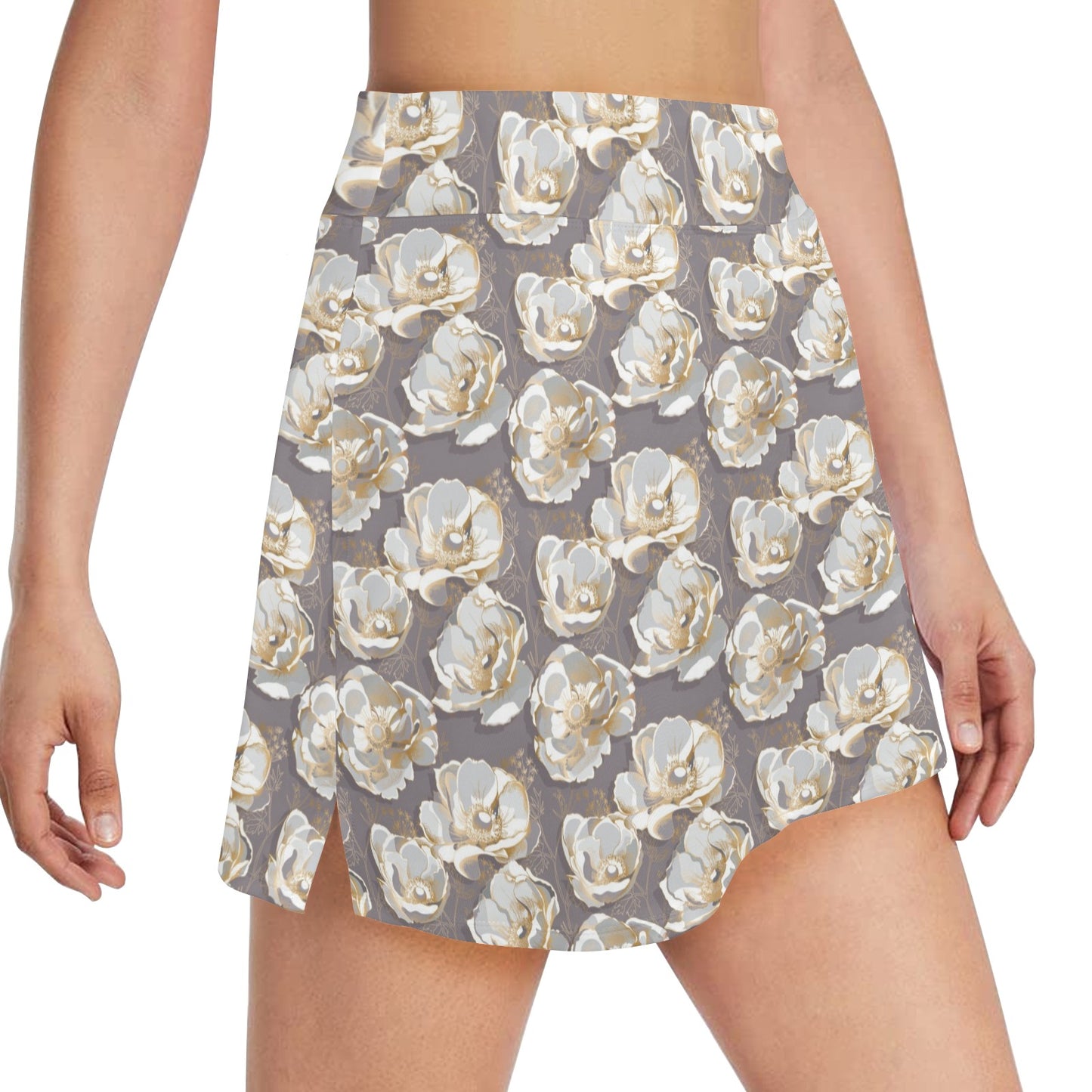 Elegant Grey Flower Print 17" Golf & Pickleball Skort with Pockets