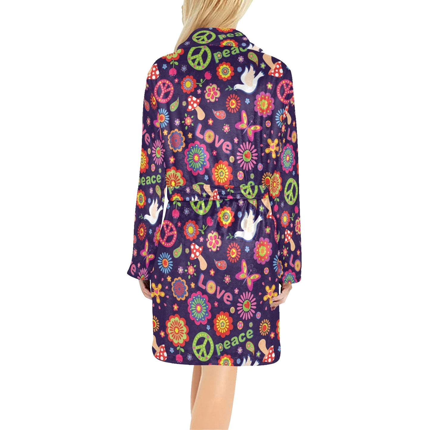 Flower Power Peace Design Print Women's Fleece Robe
