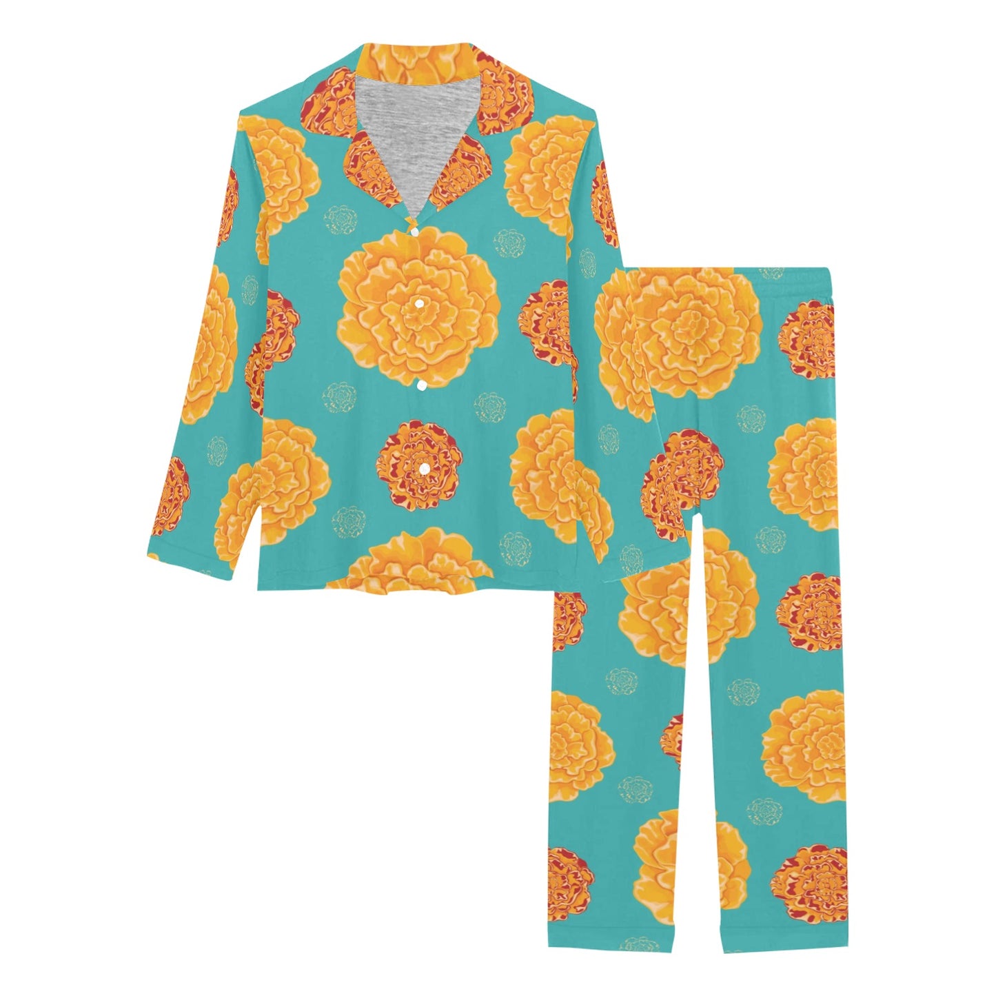 Marigold Pattern Print Design 02 Women's Long Pajama Set