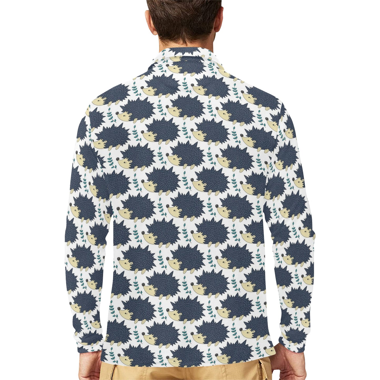 Hedgehog Print Design LKS401 Long Sleeve Polo Shirt For Men's