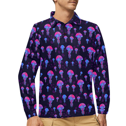 Jellyfish Neon Print Long Sleeve Polo Shirt For Men's