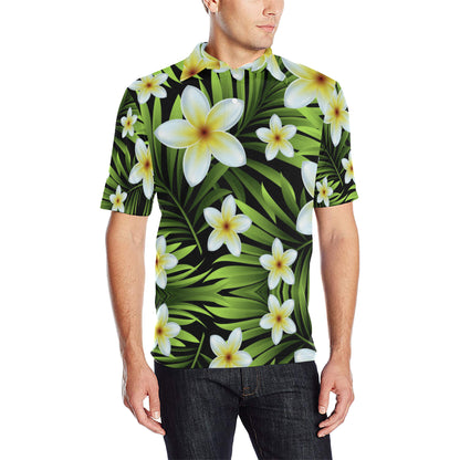 White Plumeria Pattern Print Design PM06 Men Polo Shirt