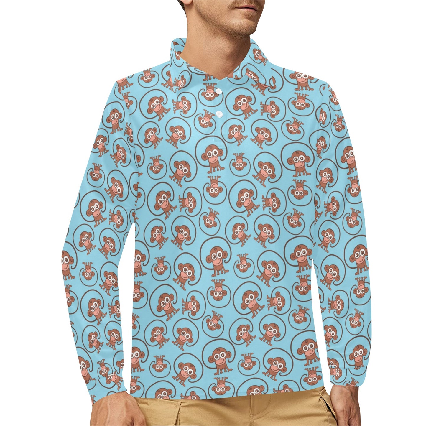 Monkey Cute Design Themed Print Long Sleeve Polo Shirt For Men's