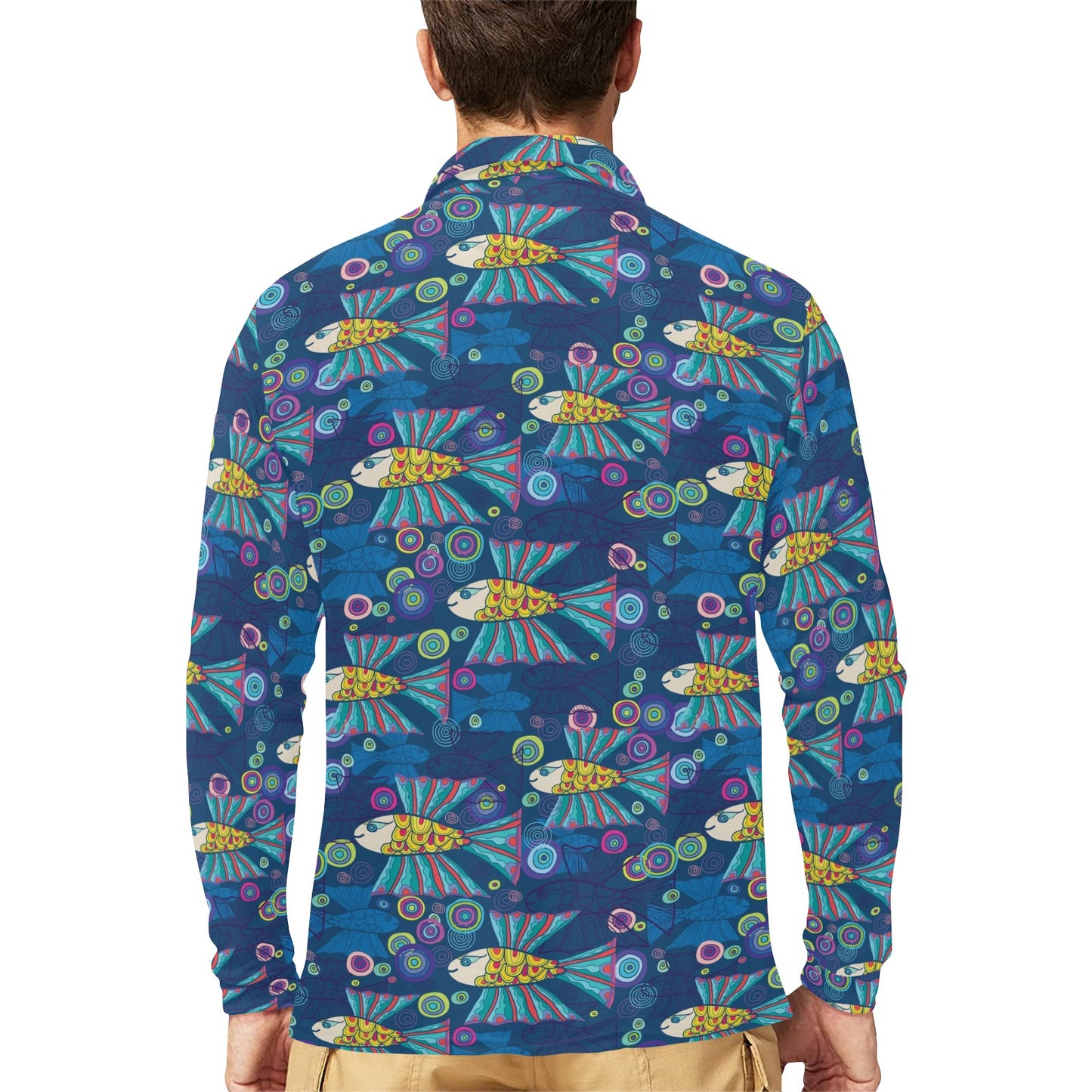 Flying Fish Pattern Print Design 01 Long Sleeve Polo Shirt For Men's