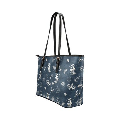 Nautical Sea Themed Print Leather Tote Bag