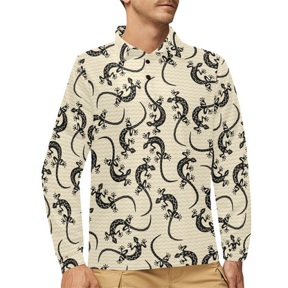 lizard Pattern Print Design 02 Long Sleeve Polo Shirt For Men's