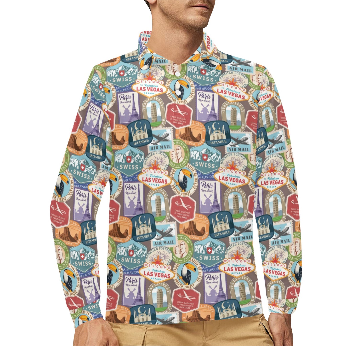 Travel Stamp Print Design LKS301 Long Sleeve Polo Shirt For Men's