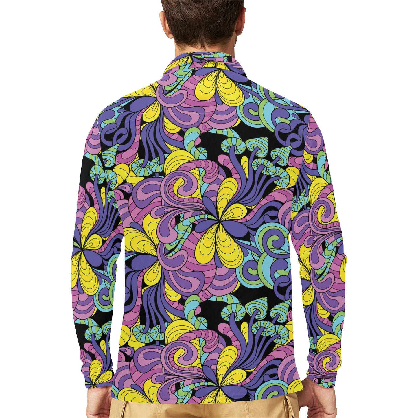 Psychedelic Pattern Print Design A04 Long Sleeve Polo Shirt For Men's