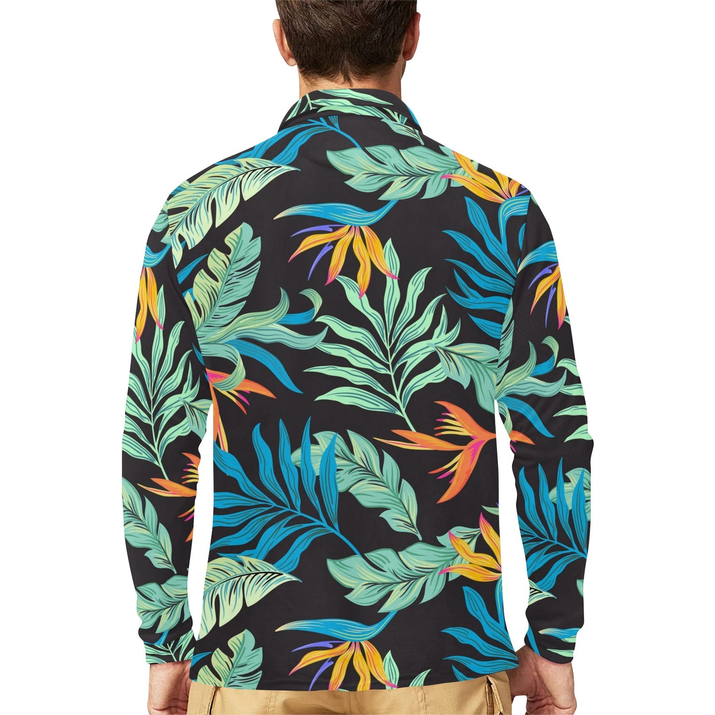 Tropical Palm Leaves Hawaiian Flower Long Sleeve Polo Shirt For Men's