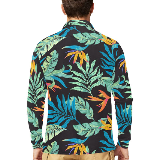 Tropical Palm Leaves Hawaiian Flower Long Sleeve Polo Shirt For Men's