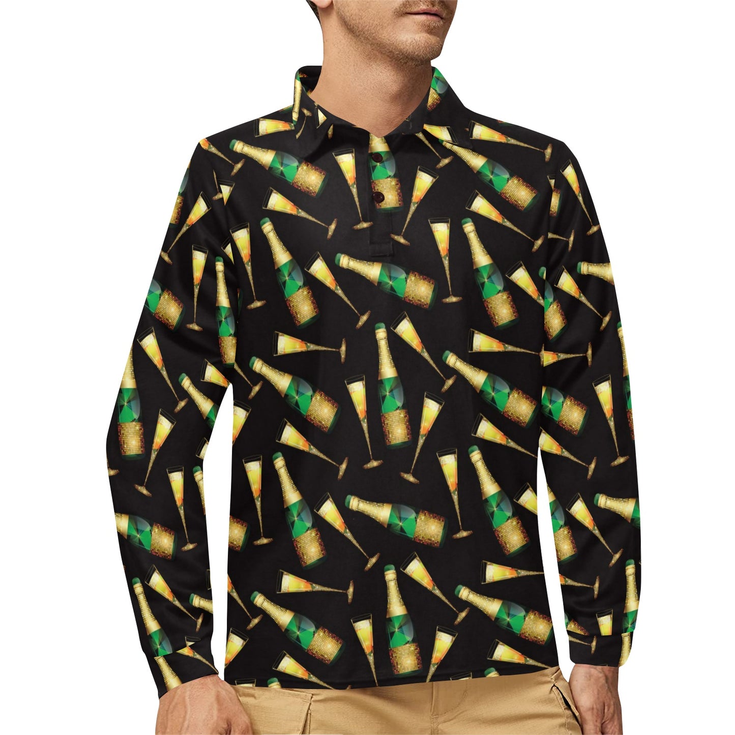 Champagne Pattern Print Design 02 Long Sleeve Polo Shirt For Men's
