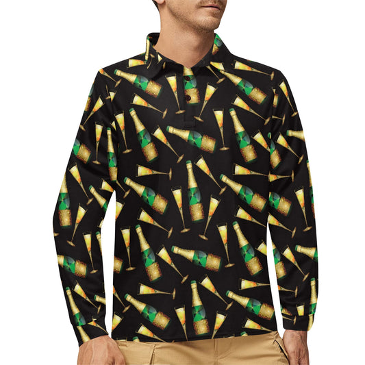 Champagne Pattern Print Design 02 Long Sleeve Polo Shirt For Men's