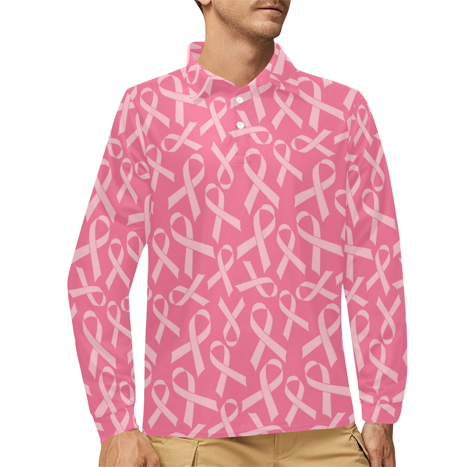 Breast Cancer Awareness Themed Long Sleeve Polo Shirt For Men's