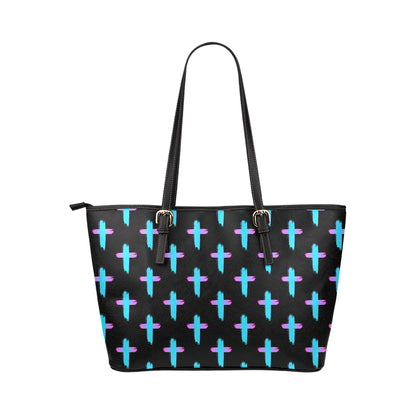 Christian Cross neon Pattern Leather Tote Bag