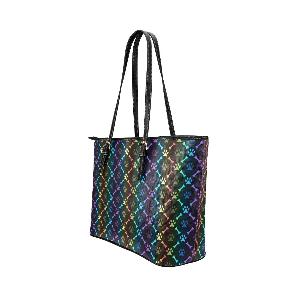 Paw Rainbow Print Leather Tote Bag