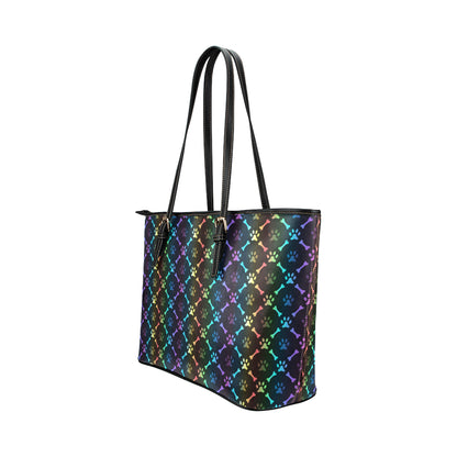 Paw Rainbow Print Leather Tote Bag