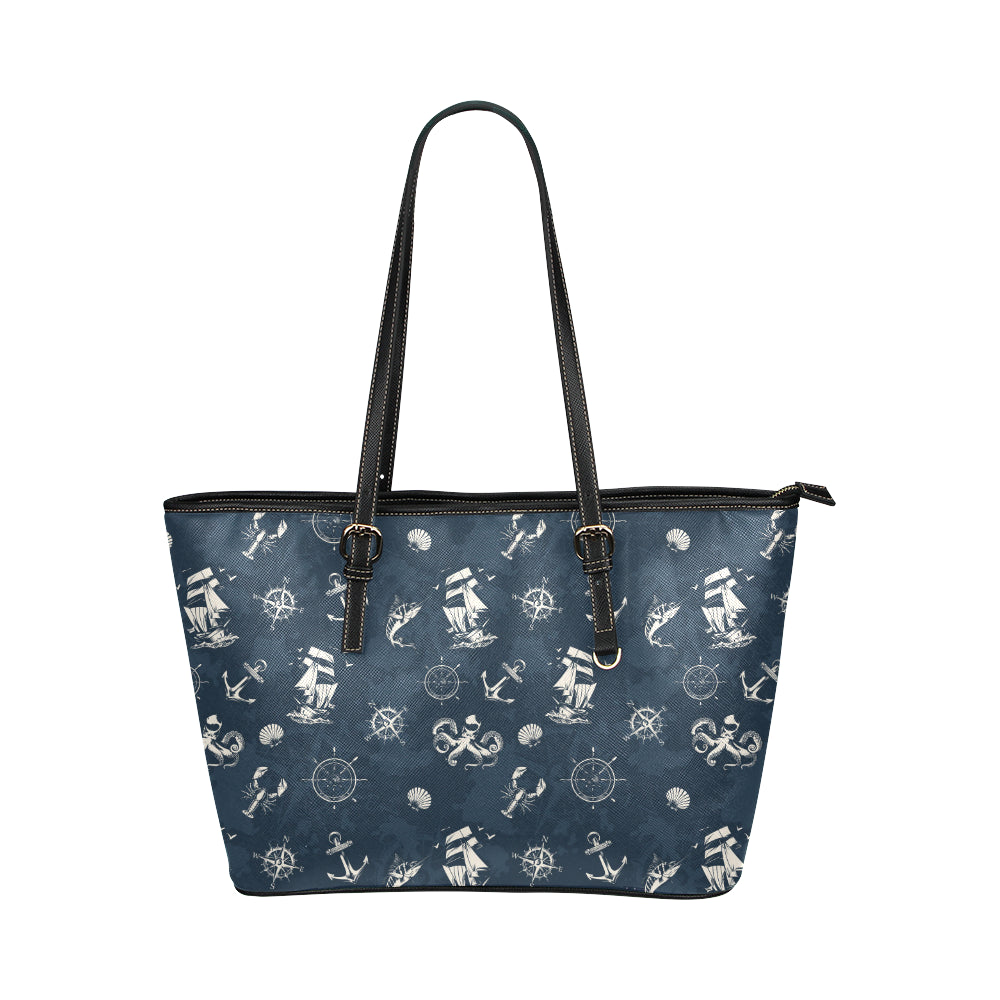 Nautical Sea Themed Print Leather Tote Bag