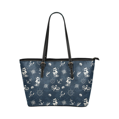Nautical Sea Themed Print Leather Tote Bag