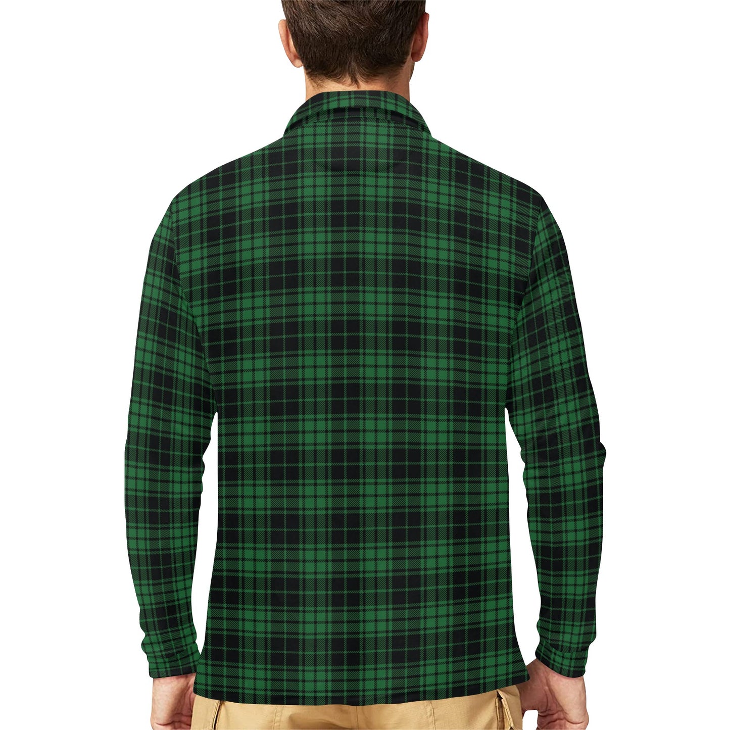 Green Tartan Plaid Pattern Long Sleeve Polo Shirt For Men's