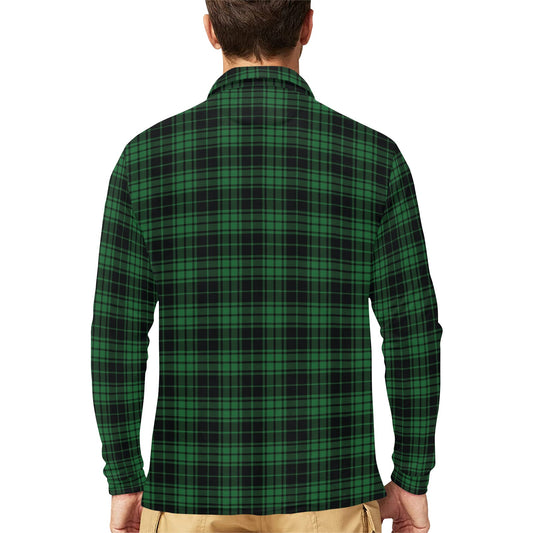 Green Tartan Plaid Pattern Long Sleeve Polo Shirt For Men's