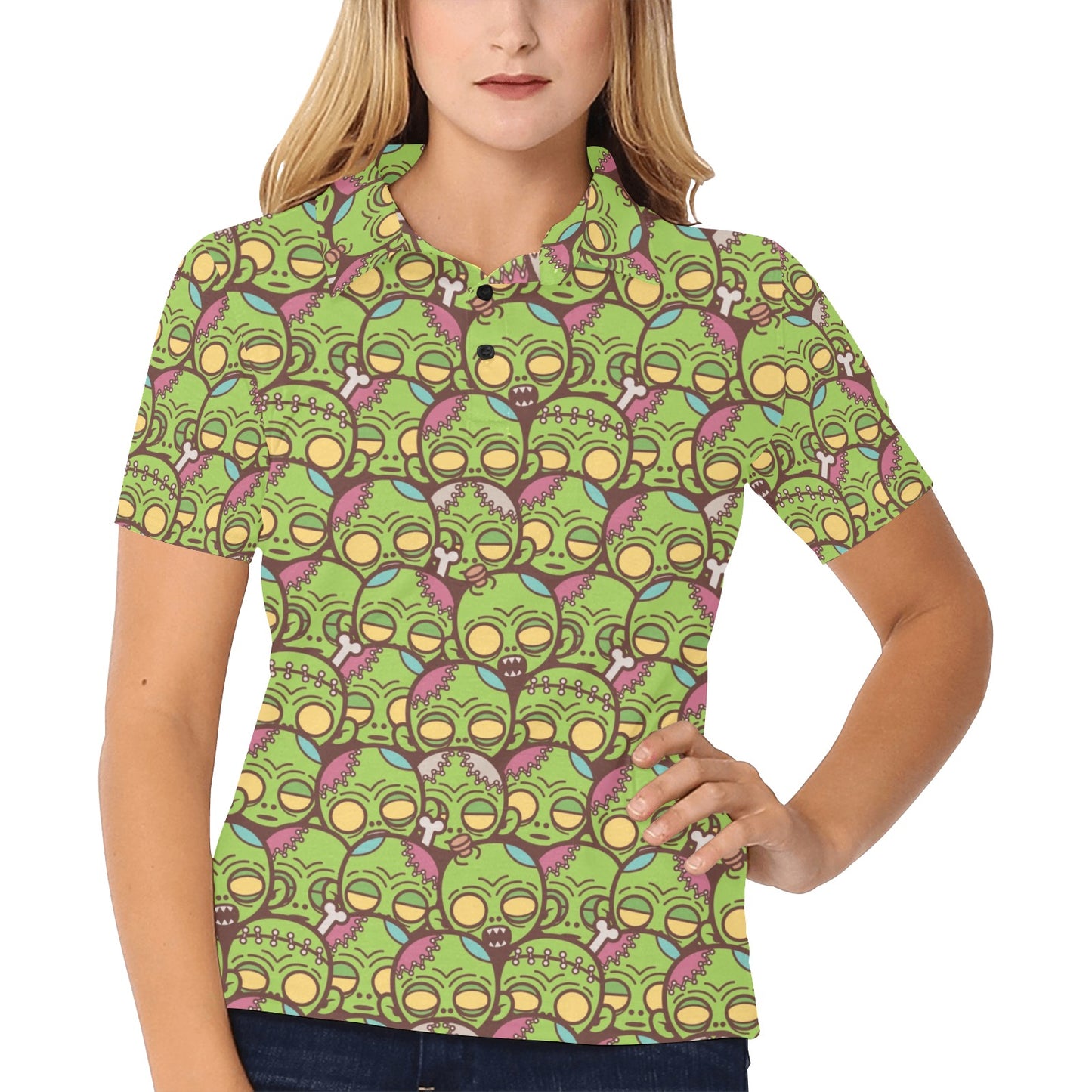 Zombie Head Design Pattern Print Women's Polo Shirt
