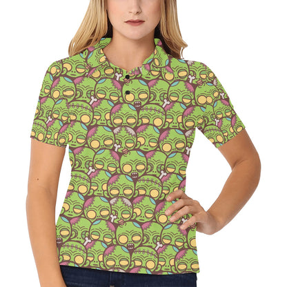 Zombie Head Design Pattern Print Women's Polo Shirt