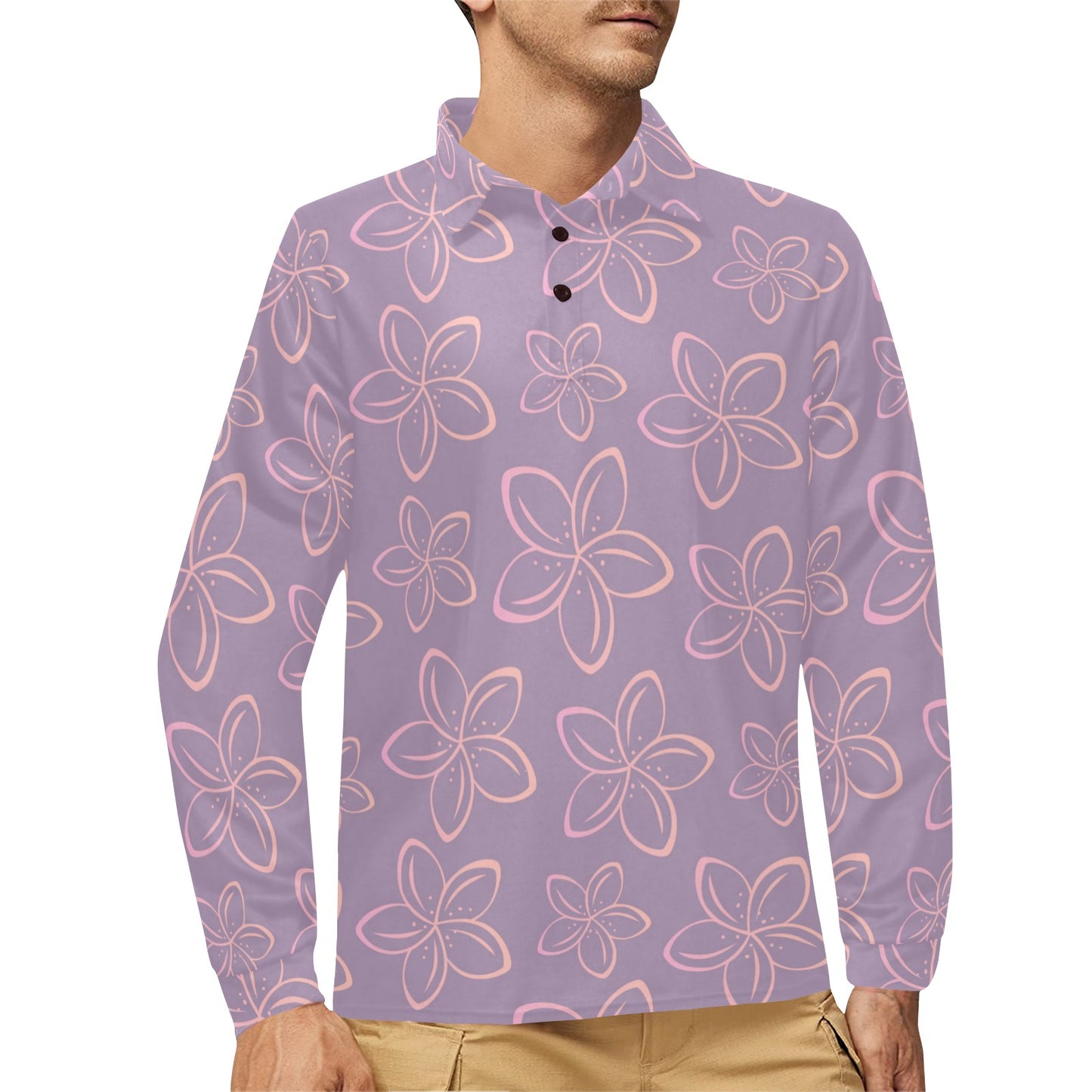 Plumeria Pattern Print Design A01 Long Sleeve Polo Shirt For Men's