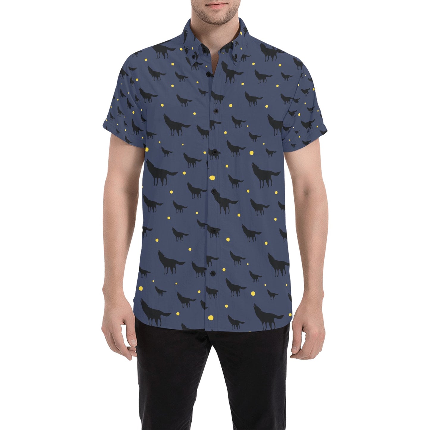 Wolf Print Design LKS301 Men Short Sleeve Button Up Shirt