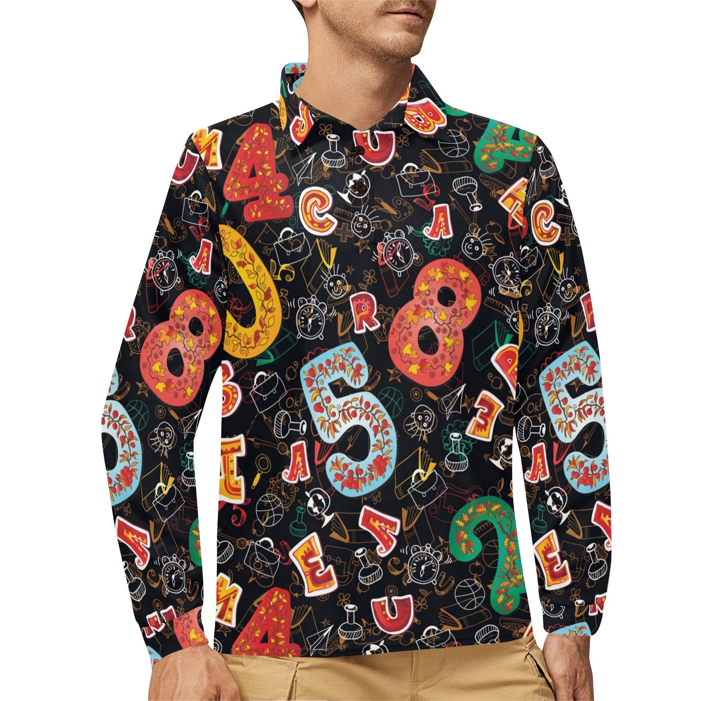 Number Pattern Print Design A03 Long Sleeve Polo Shirt For Men's
