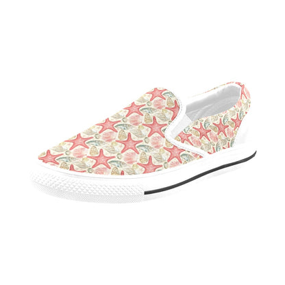 Seashell Print Design LKS301 White Slip Ons Canvas Women's Shoes