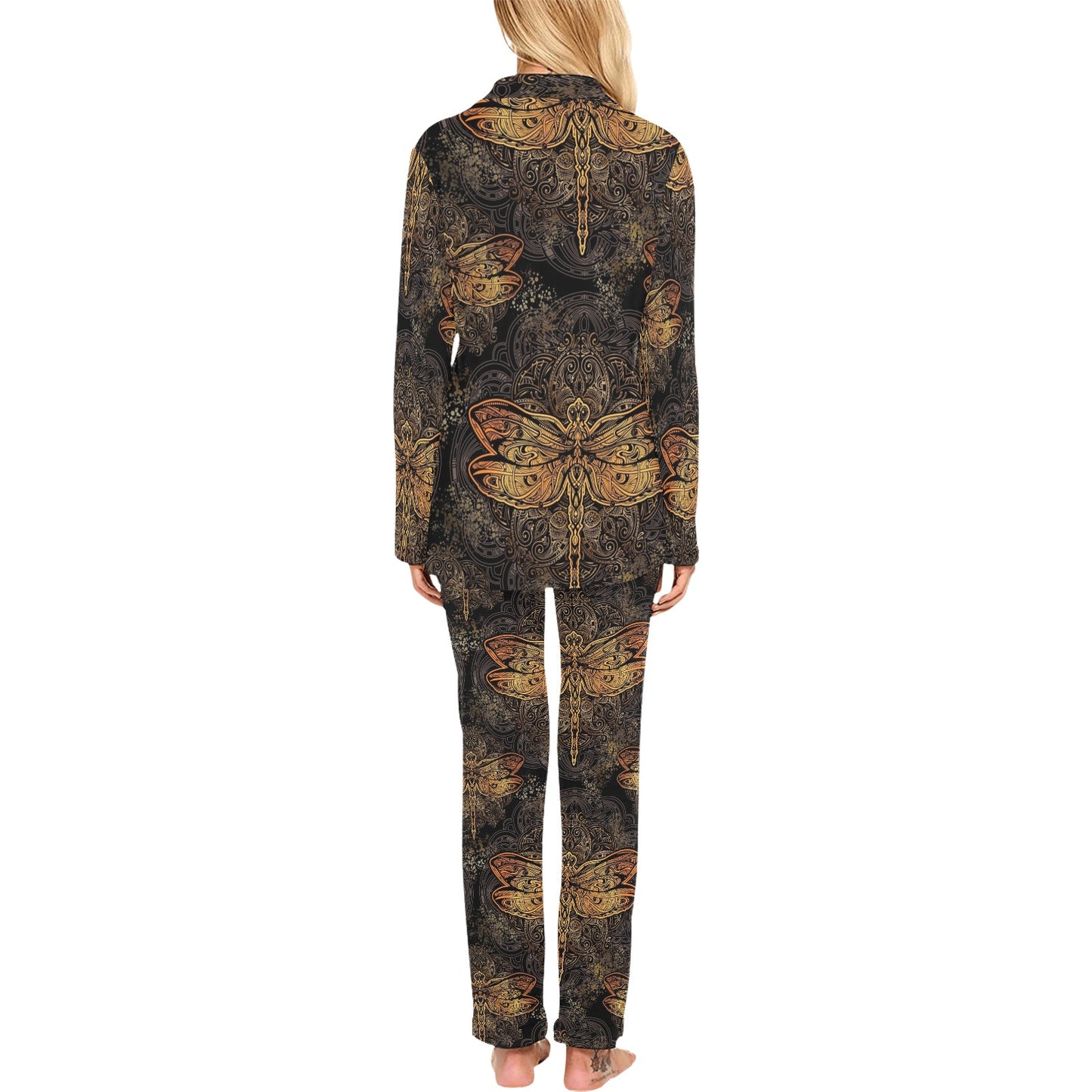 Gold Dragonfly Mandala Women's Long Pajama Set
