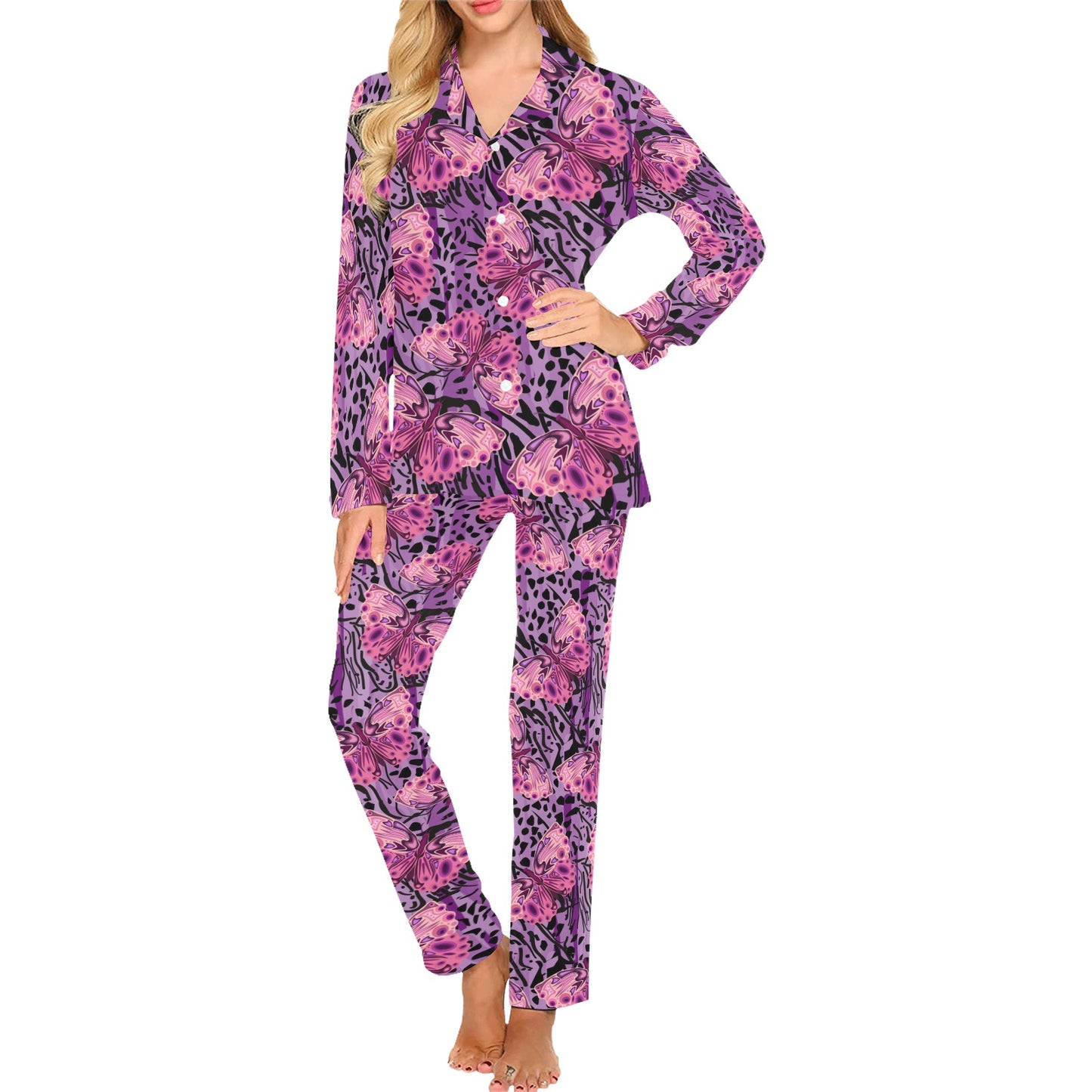 Purple Butterfly Leopard Women's Long Pajama Set