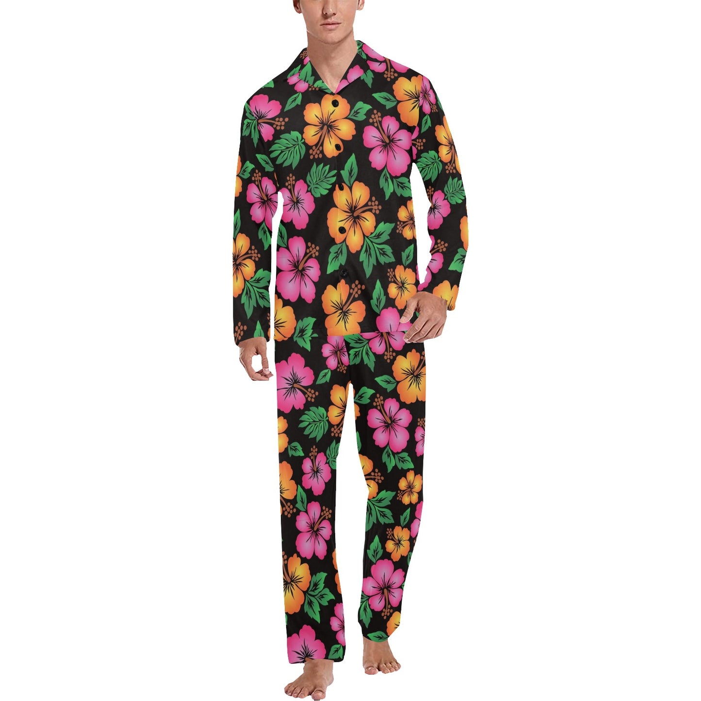 Hibiscus Pattern Print Design HB029 Men's Long Pajama Set