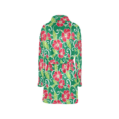 Red Hibiscus Pattern Print Design HB019 Women's Fleece Robe