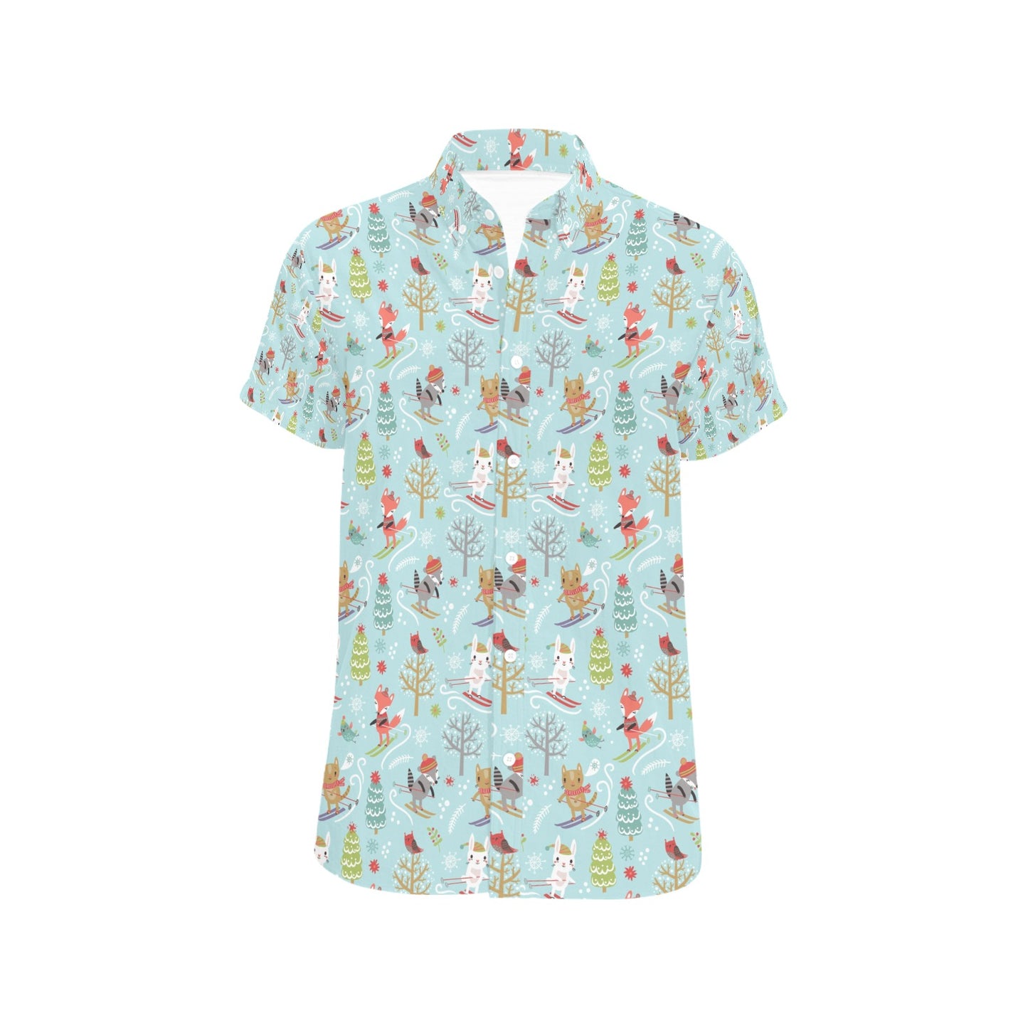 Ski Fox Cute Print Design LKS303 Men Short Sleeve Button Up Shirt