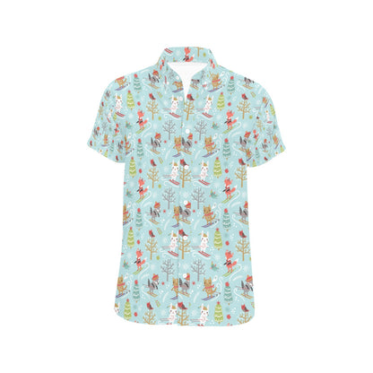 Ski Fox Cute Print Design LKS303 Men Short Sleeve Button Up Shirt