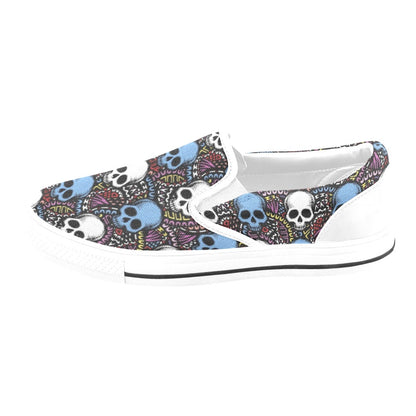 Skull Print Design LKS305 White Slip Ons Canvas Women's Shoes