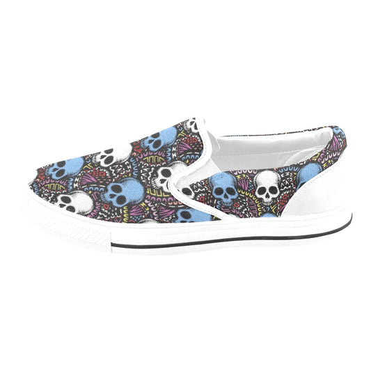 Skull Print Design LKS305 White Slip Ons Canvas Women's Shoes