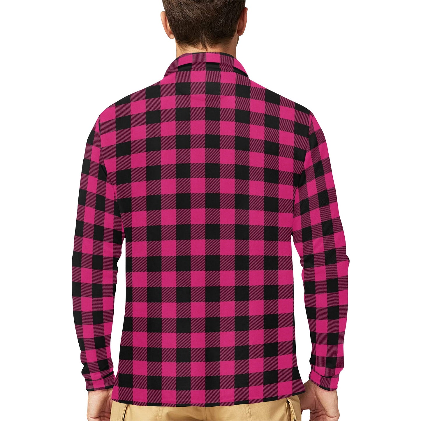 Pink Tartan Plaid Pattern Long Sleeve Polo Shirt For Men's