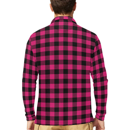 Pink Tartan Plaid Pattern Long Sleeve Polo Shirt For Men's