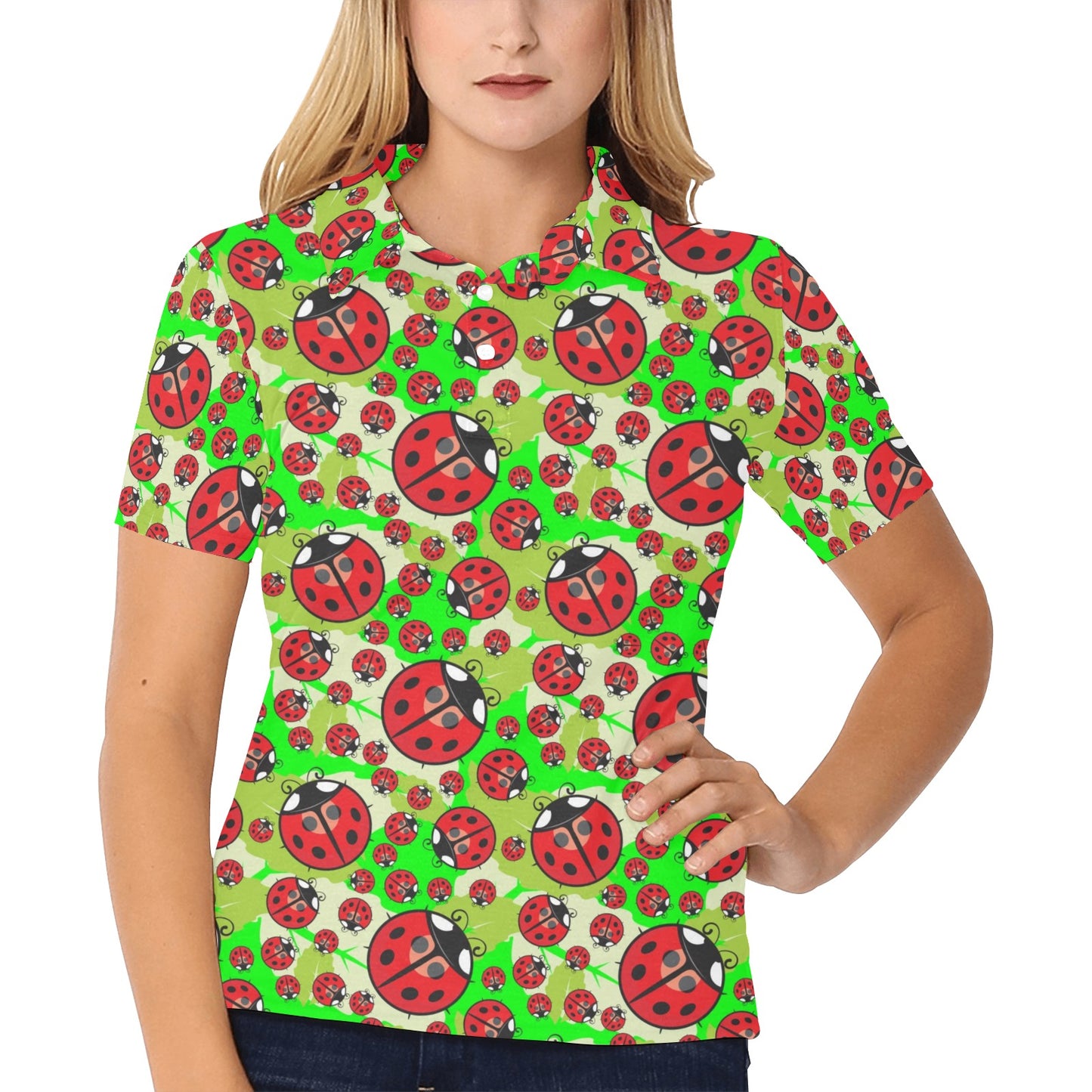 Ladybug with Leaf Print Pattern Women's Polo Shirt