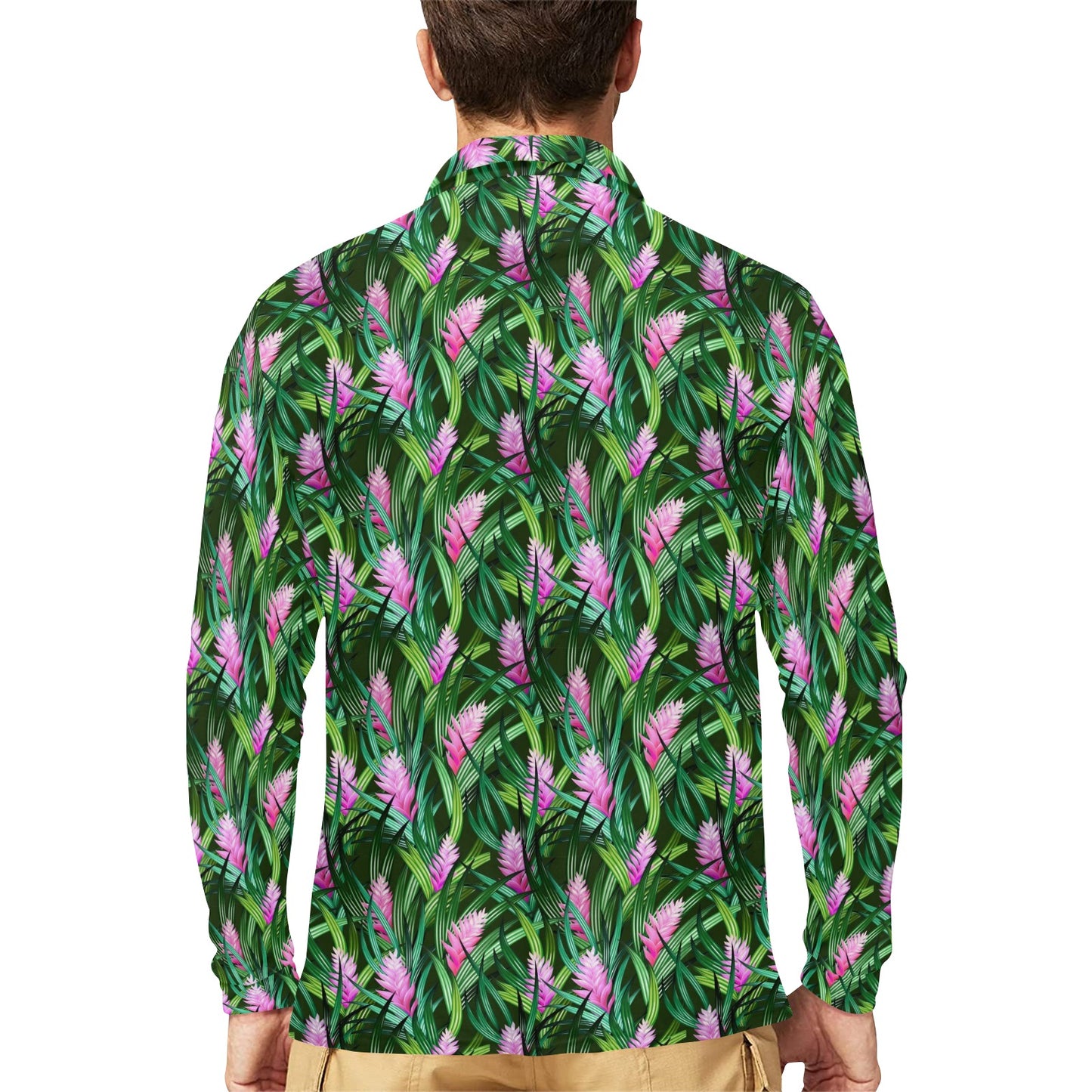 Tropical Folower Pink Heliconia Print Long Sleeve Polo Shirt For Men's