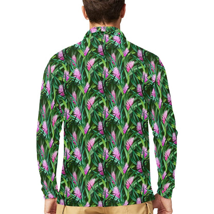 Tropical Folower Pink Heliconia Print Long Sleeve Polo Shirt For Men's
