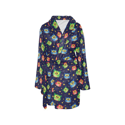 Owl with Star Themed Design Print Women's Fleece Robe