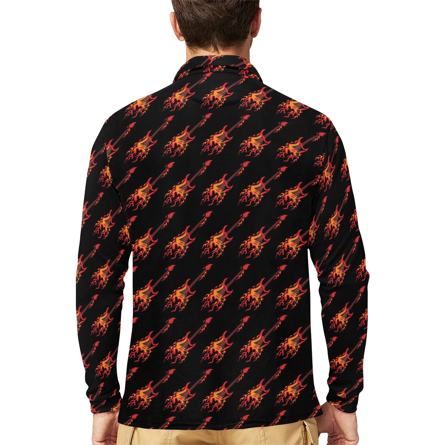 Electric Guitar Print Design LKS406 Long Sleeve Polo Shirt For Men's