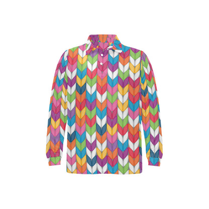 Knit Pattern Print Design 01 Long Sleeve Polo Shirt For Men's